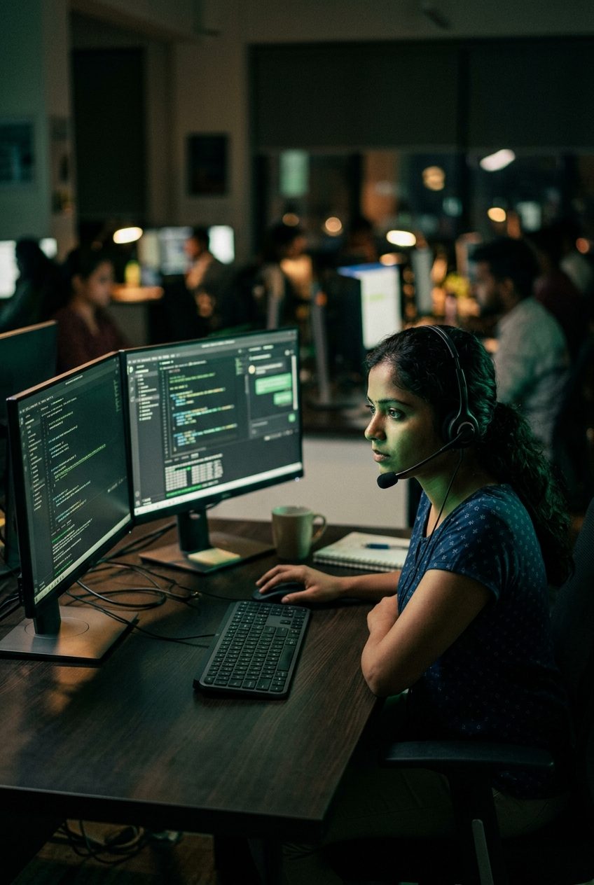 A support agent picking up a WhatsApp conversation at her desk