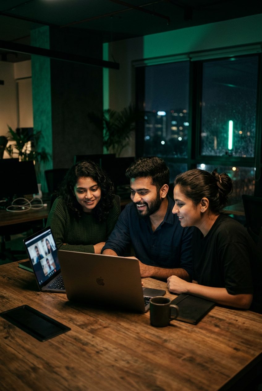 Three colleagues setting up WhatsApp flows on a laptop