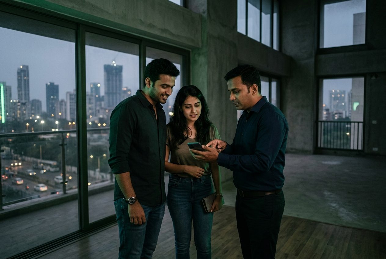 A sales executive showing a flat to a young couple