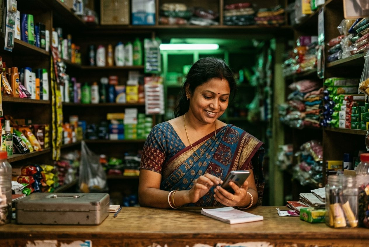 A shop owner replying to customers on her phone